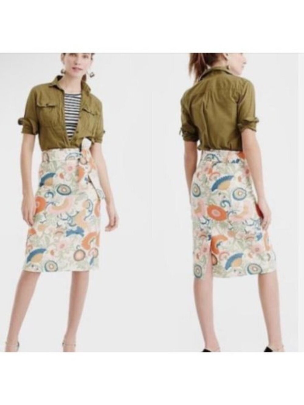 J. Crew Mod Floral Tie Waist Pencil Skirt Size 0 Retro Boho Slit Office Midi
